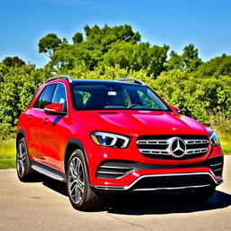 A striking Mercedes GLE in a vibrant red color, parked elegantly against a scenic backdrop