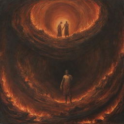 Depict Dante and Virgil in the Inferno, as they navigate through the circles of Hell. Surrounded by fiery landscapes and tormented souls, their faces reflect a mix of fear, determination and awe at the terrifying sights before them.