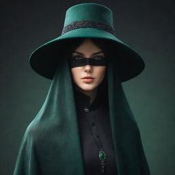 Create an original character with a villainous aura. They are wearing a mysterious veil attached to a unique hat, both enriched with dark green accents.