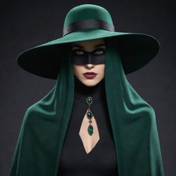 Create an original character with a villainous aura. They are wearing a mysterious veil attached to a unique hat, both enriched with dark green accents.