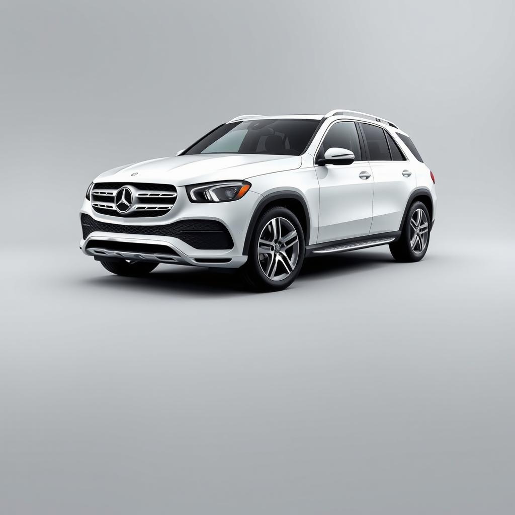 A sleek white Mercedes GLE prominently displayed against a smooth grey background