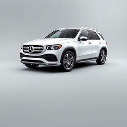 A sleek white Mercedes GLE prominently displayed against a smooth grey background