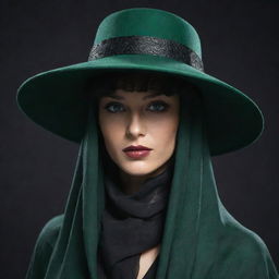 Create an original character with a villainous aura. They are wearing a mysterious veil attached to a unique hat, both enriched with dark green accents.