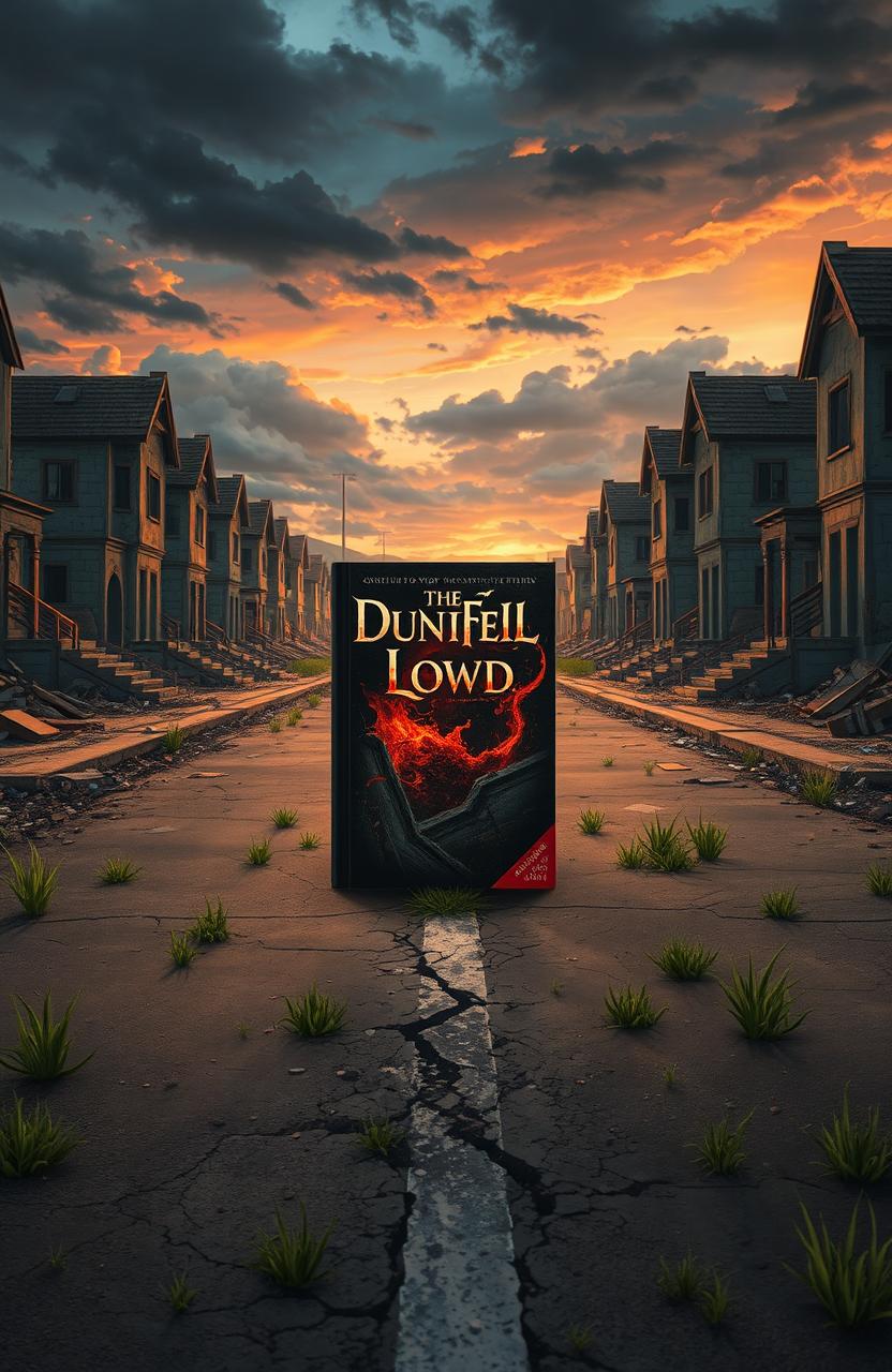 An animated book cover set in the middle of a road, surrounded by the ruins of houses on both the right and left sides