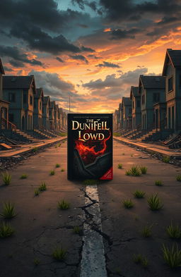 An animated book cover set in the middle of a road, surrounded by the ruins of houses on both the right and left sides