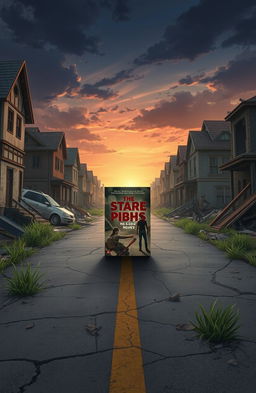 An animated book cover set in the middle of a road, surrounded by the ruins of houses on both the right and left sides