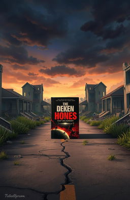 An animated book cover set in the middle of a road, surrounded by the ruins of houses on both the right and left sides