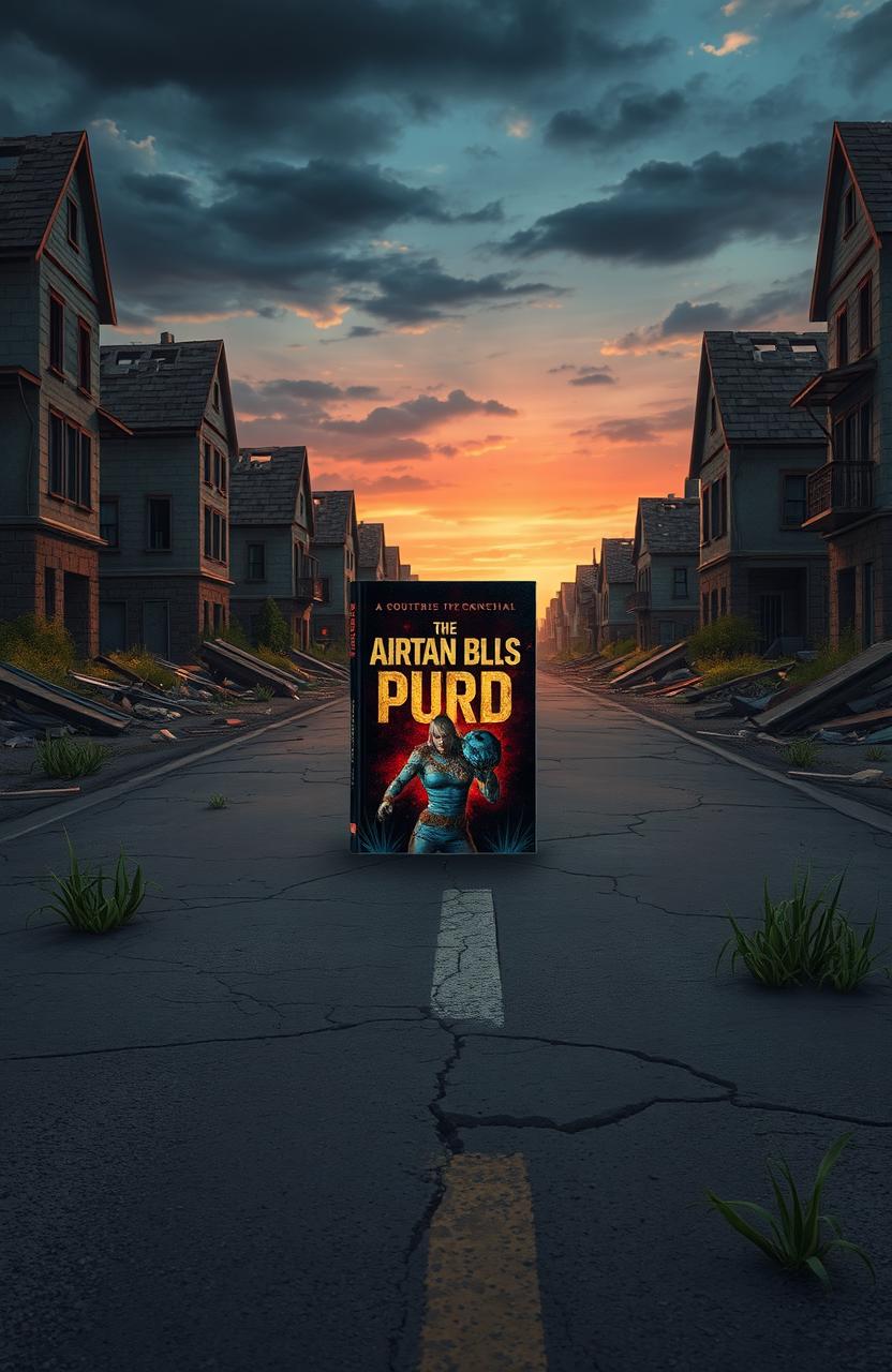 An animated book cover set in the middle of a road, surrounded by the ruins of houses on both the right and left sides