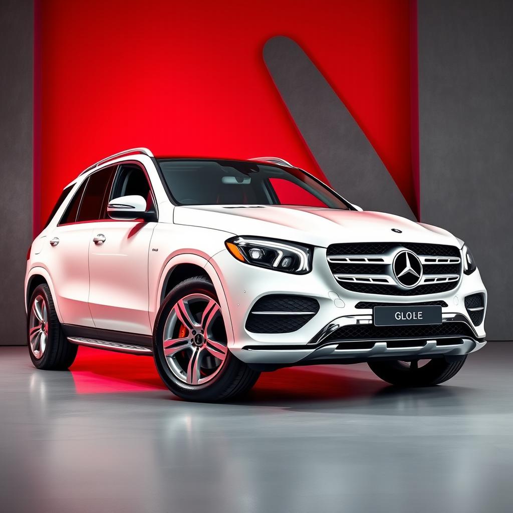 A striking white Mercedes GLE prominently displayed against a vibrant red background with dramatic grey accents