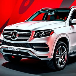 A striking white Mercedes GLE prominently displayed against a vibrant red background with dramatic grey accents