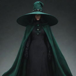 Create an original character with a villainous aura. They are wearing a mysterious veil attached to a unique hat, both enriched with dark green accents.