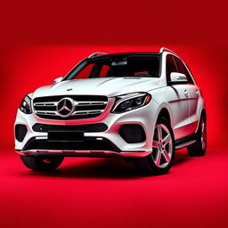 A striking white Mercedes GLE prominently displayed against a vibrant red background with dramatic grey accents