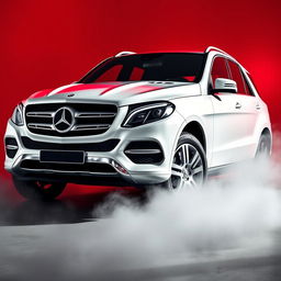 A striking white Mercedes GLE prominently displayed against a vibrant red background with dramatic grey accents