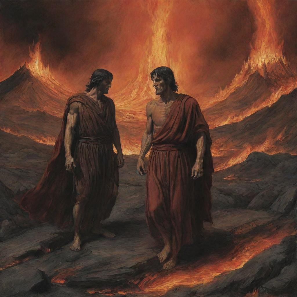 Illustrate Dante and Virgil in the midst of Inferno. They traverse the hellish landscapes filled with tormented souls, their expressions a profound mix of determination, fear, and awe triggered by the gruesome sights around them.