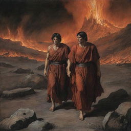 Illustrate Dante and Virgil in the midst of Inferno. They traverse the hellish landscapes filled with tormented souls, their expressions a profound mix of determination, fear, and awe triggered by the gruesome sights around them.