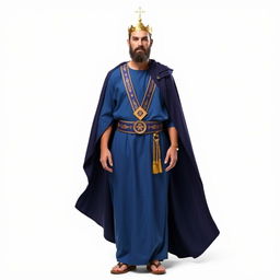 A Masonic figure standing against a white background, dressed in a long tunic of deep blue color that symbolizes the sea and the depth of wisdom of the Cabirs