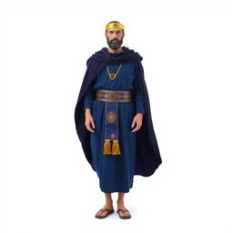 A Masonic figure standing against a white background, dressed in a long tunic of deep blue color that symbolizes the sea and the depth of wisdom of the Cabirs