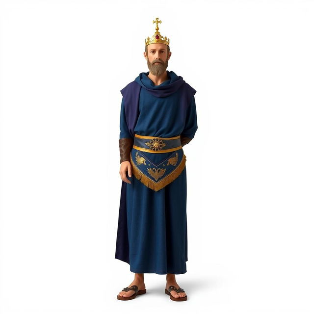 A Masonic figure standing against a white background, dressed in a long tunic of deep blue color that symbolizes the sea and the depth of wisdom of the Cabirs