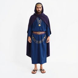 A Masonic figure standing against a white background, dressed in a long tunic of deep blue color that symbolizes the sea and the depth of wisdom of the Cabirs