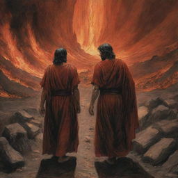 Illustrate Dante and Virgil in the midst of Inferno. They traverse the hellish landscapes filled with tormented souls, their expressions a profound mix of determination, fear, and awe triggered by the gruesome sights around them.