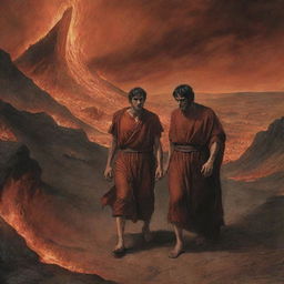 Illustrate Dante and Virgil in the midst of Inferno. They traverse the hellish landscapes filled with tormented souls, their expressions a profound mix of determination, fear, and awe triggered by the gruesome sights around them.