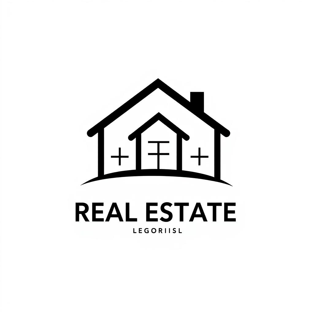 A modern black and white logo featuring a stylized house prominently in the center, set against a white background