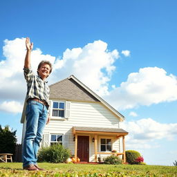 A vibrant scene depicting a house in the foreground, with a person standing next to it, joyfully holding one hand in the air as a gesture of celebration