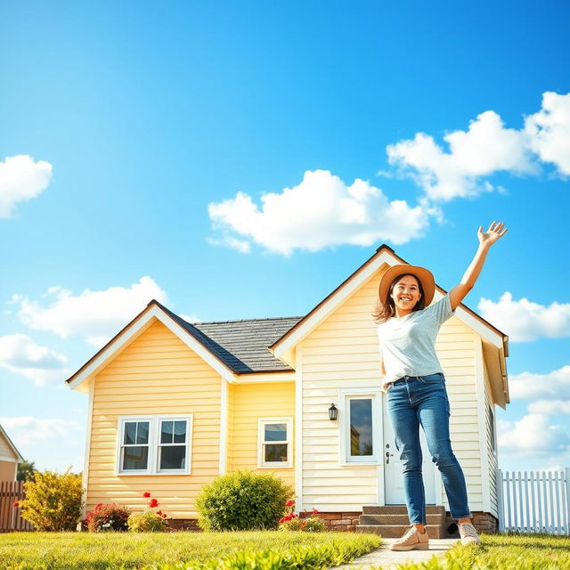 A vibrant scene depicting a house in the foreground, with a person standing next to it, joyfully holding one hand in the air as a gesture of celebration