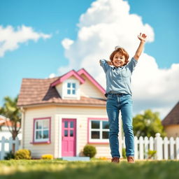 A vibrant scene depicting a house in the foreground, with a person standing next to it, joyfully holding one hand in the air as a gesture of celebration