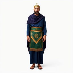 A Masonic figure standing against a white background, dressed in a long tunic of deep blue color that symbolizes the sea and the depth of wisdom of the Cabirs