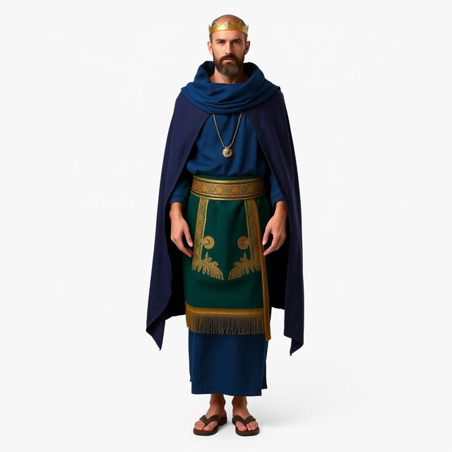 A Masonic figure standing against a white background, dressed in a long tunic of deep blue color that symbolizes the sea and the depth of wisdom of the Cabirs