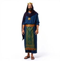 A Masonic figure standing against a white background, dressed in a long tunic of deep blue color that symbolizes the sea and the depth of wisdom of the Cabirs