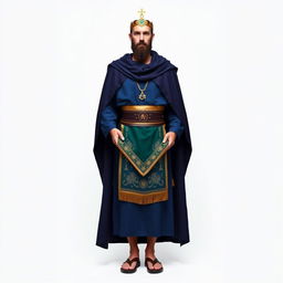 A Masonic figure standing against a white background, dressed in a long tunic of deep blue color that symbolizes the sea and the depth of wisdom of the Cabirs