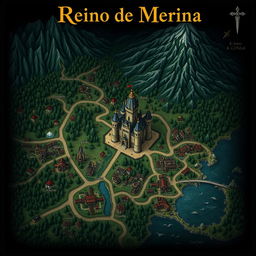 A dark fantasy map titled 'Reino de Merina'