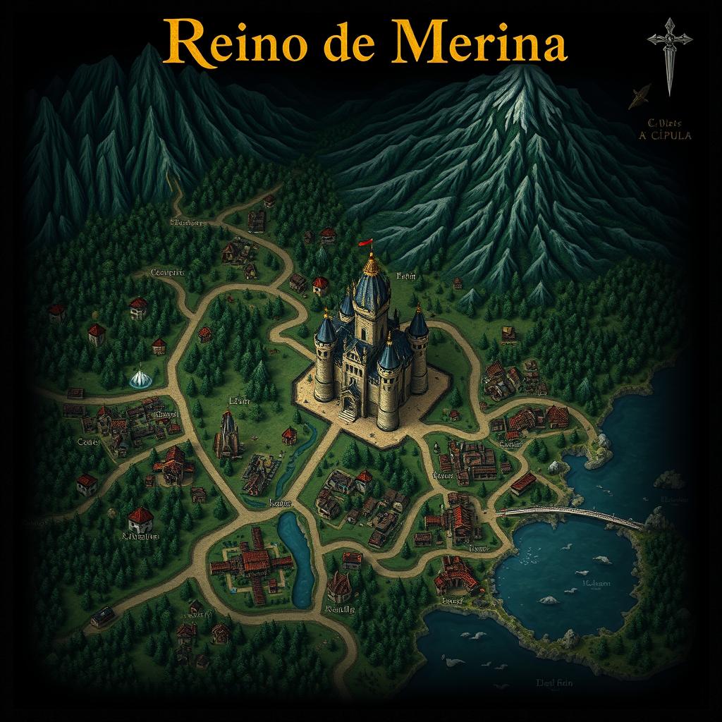 A dark fantasy map titled 'Reino de Merina'