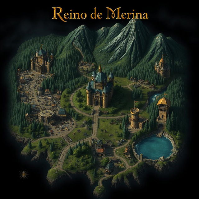 A dark fantasy map titled 'Reino de Merina'