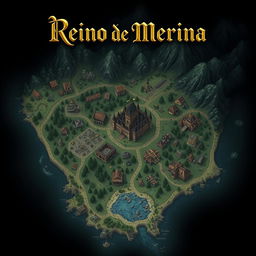 A dark fantasy map titled 'Reino de Merina'