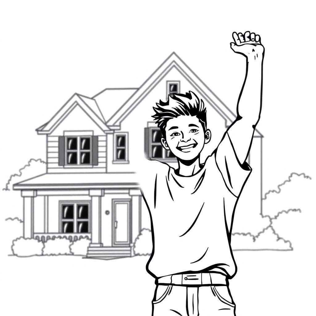 A striking black and white illustration featuring a house in the background, complemented by a person in the foreground holding one hand in the air in a gesture of celebration