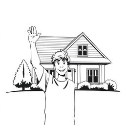 A striking black and white illustration featuring a house in the background, complemented by a person in the foreground holding one hand in the air in a gesture of celebration