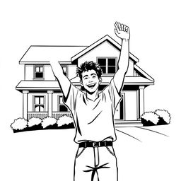 A striking black and white illustration featuring a house in the background, complemented by a person in the foreground holding one hand in the air in a gesture of celebration