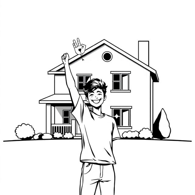 A striking black and white illustration featuring a house in the background, complemented by a person in the foreground holding one hand in the air in a gesture of celebration