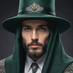 Adjust the original character to a male, grandeur in appearance. His face is enigmatically covered by a majestic veil, which is attached to a unique hat, with both elements featuring dark green accents.