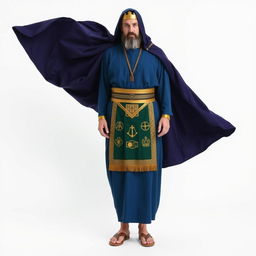 A Masonic figure standing against a white background, dressed in a long tunic of deep blue color that symbolizes the sea and the depth of wisdom of the Cabirs