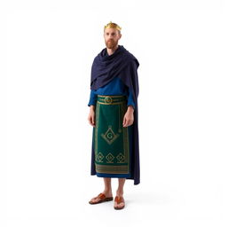 A Masonic figure standing against a white background, dressed in a long tunic of deep blue color that symbolizes the sea and the depth of wisdom of the Cabirs