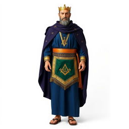 A Masonic figure standing against a white background, dressed in a long tunic of deep blue color that symbolizes the sea and the depth of wisdom of the Cabirs