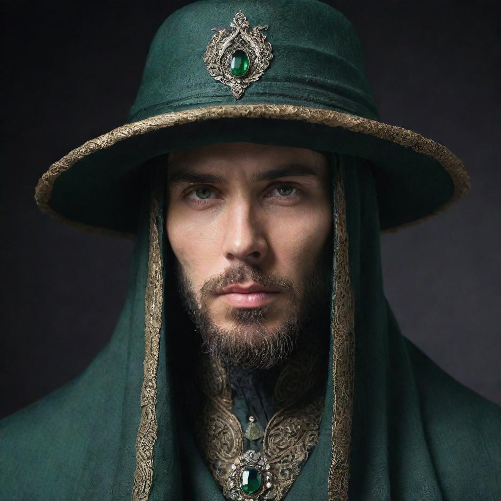 Adjust the original character to a male, grandeur in appearance. His face is enigmatically covered by a majestic veil, which is attached to a unique hat, with both elements featuring dark green accents.