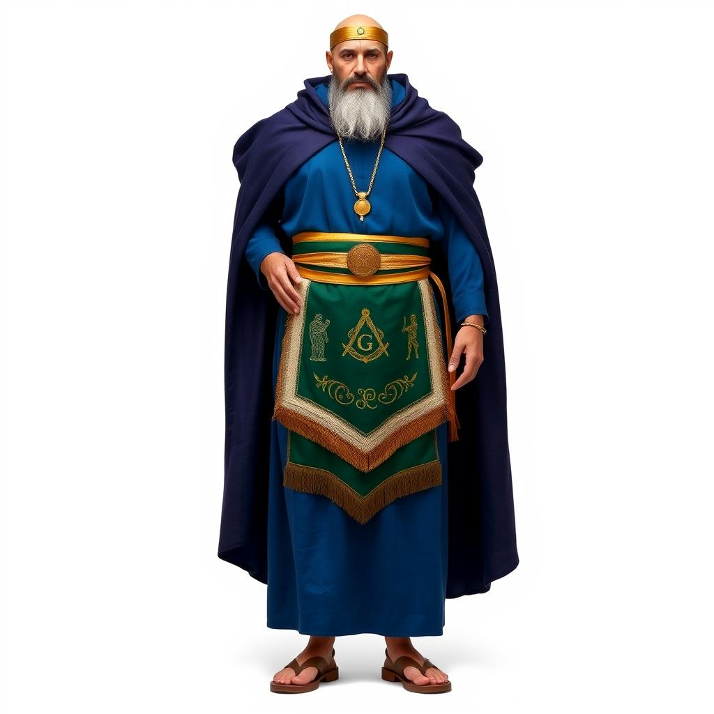 A Masonic figure standing against a white background, dressed in a long tunic of deep blue color that symbolizes the sea and the depth of wisdom of the Cabirs