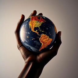 A striking image of a black hand gracefully holding a globe, intricately designed with stars and celestial patterns scattered across its surface