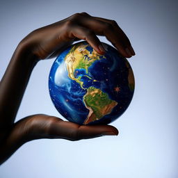 A striking image of a black hand gracefully holding a globe, intricately designed with stars and celestial patterns scattered across its surface