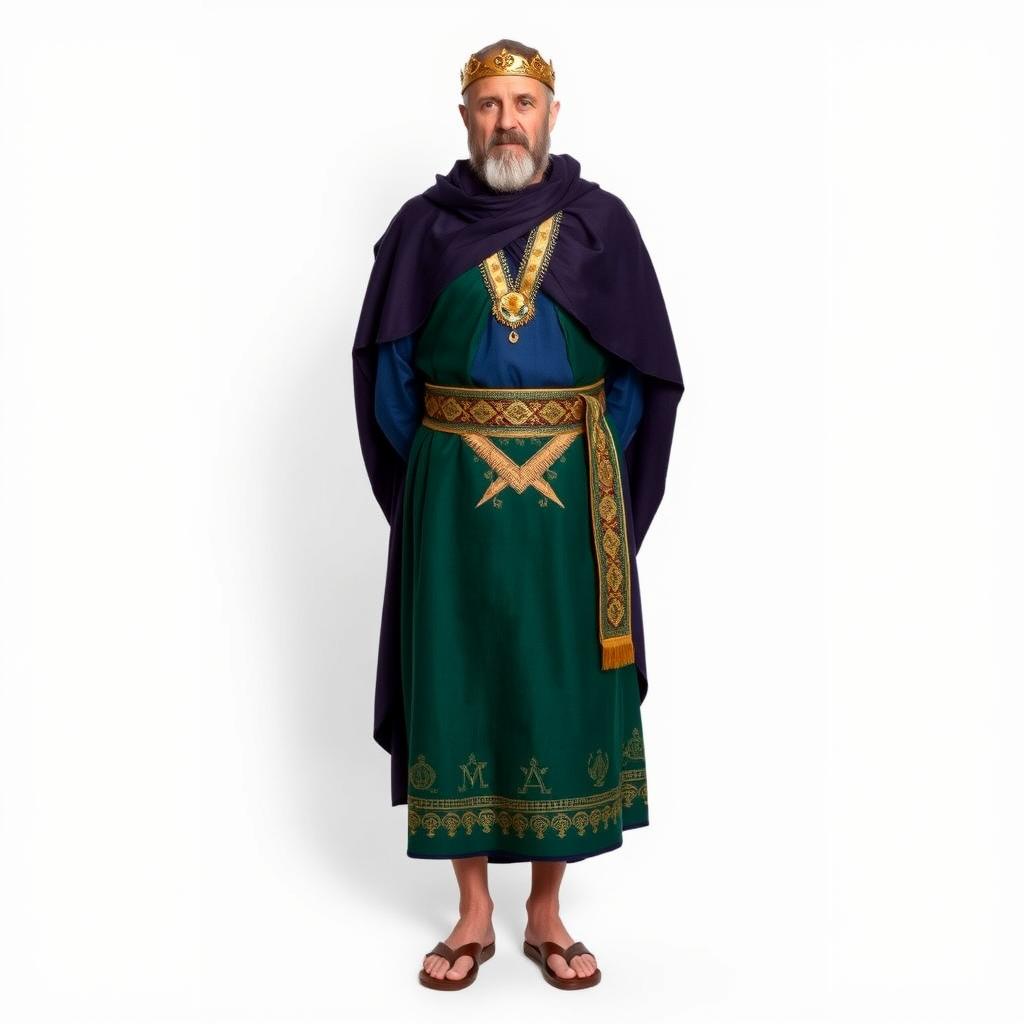 A Masonic figure standing against a white background, adorned with a traditional Masonic apron that is prominently green, symbolizing the lushness of nature and the growth of knowledge within the Masonic teachings
